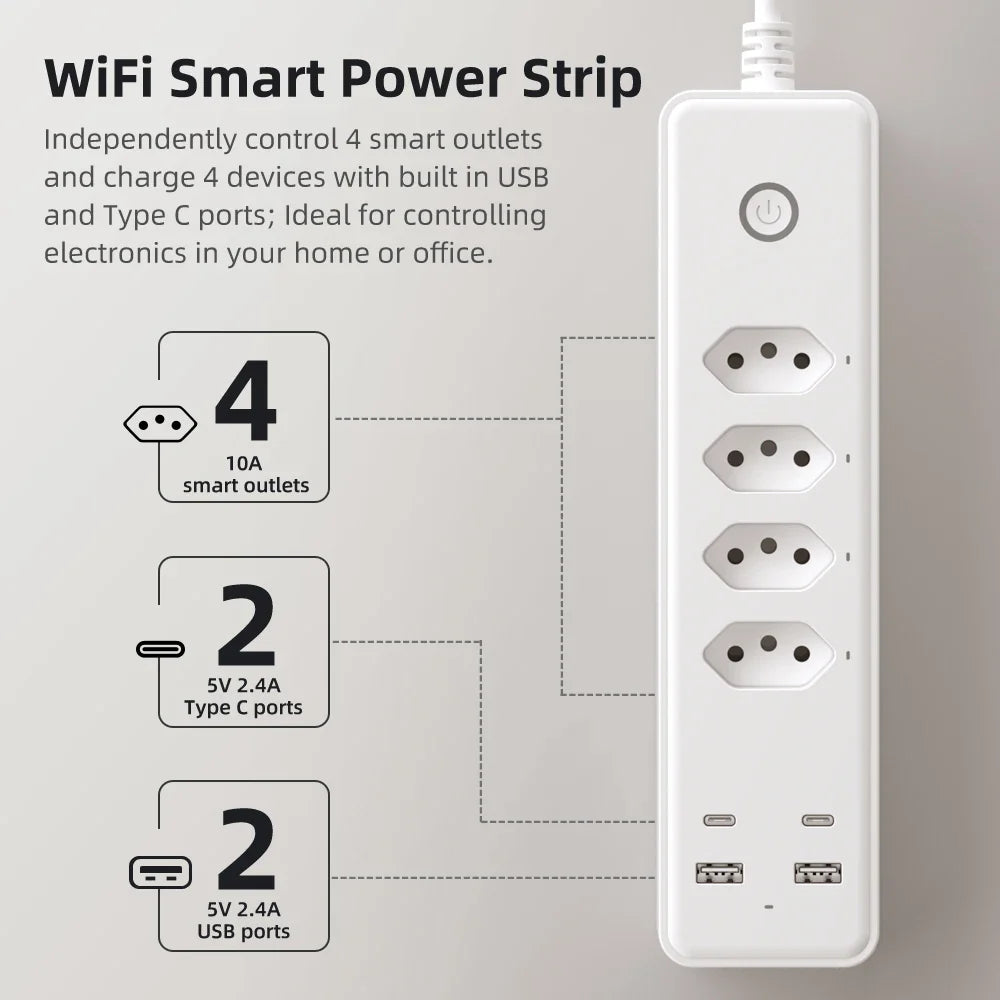 AVATTO-Plugues Inteligentes Brasil, Faixa de Alimentação WiFi Tuya, 4 Tomadas, 2 USB, 2 Tipo C, Funciona com Alexa, Google Home